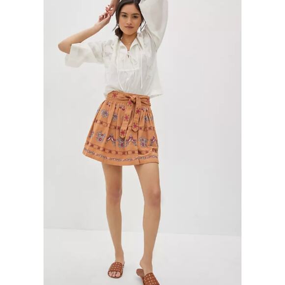 NEW! Anthropologie Meghan Embroidered Mini Skirt M Orange Tie Waist Boho $158 - Picture 1 of 11